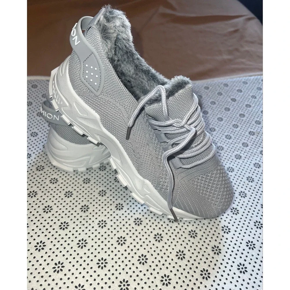 Womens Grey Knit Faux Fur Lined Sneakers Lace Up Chunky Platform Shoes